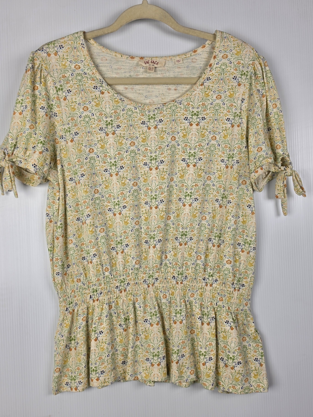FAT FACE Alana Summer Meadow: Soft Floral Scoop Neck Peplum Top - Pale Yellow